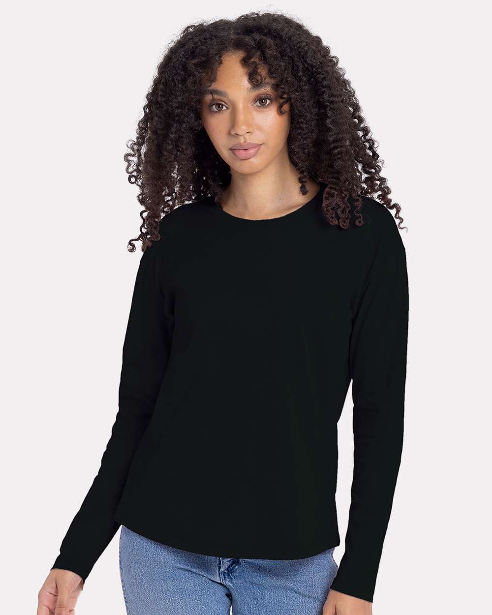 Women's Cotton Relaxed Long Sleeve T-Shirt - OnModelFront - B04418502 - Black