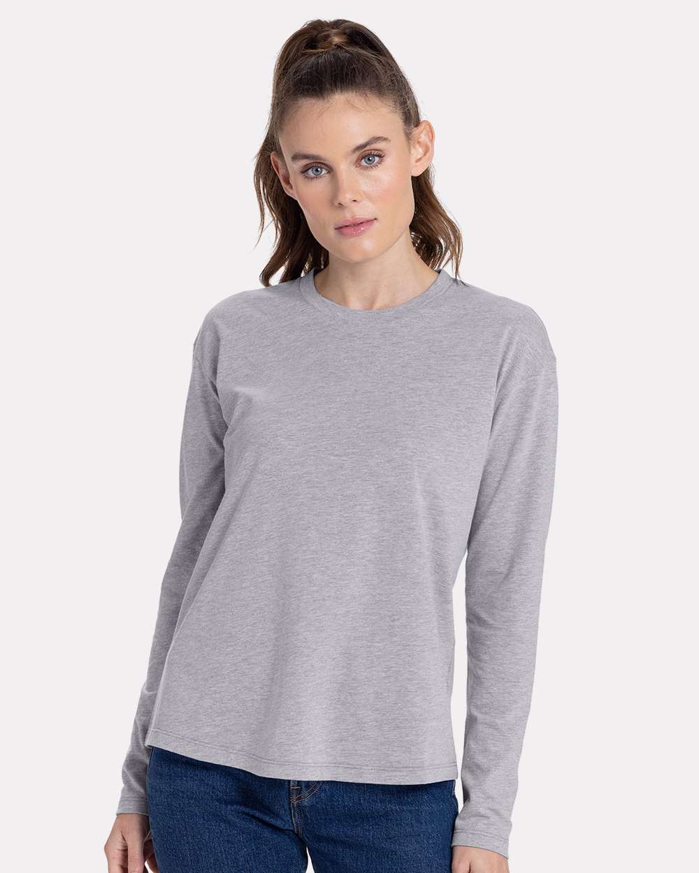 Women's Cotton Relaxed Long Sleeve T-Shirt - OnModelFront - B04418582 - Heather Grey