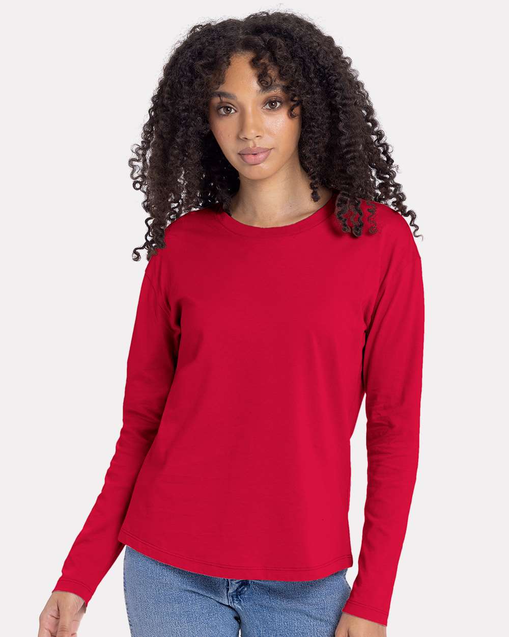 Women's Cotton Relaxed Long Sleeve T-Shirt - OnModelFront - B04418702 - Red