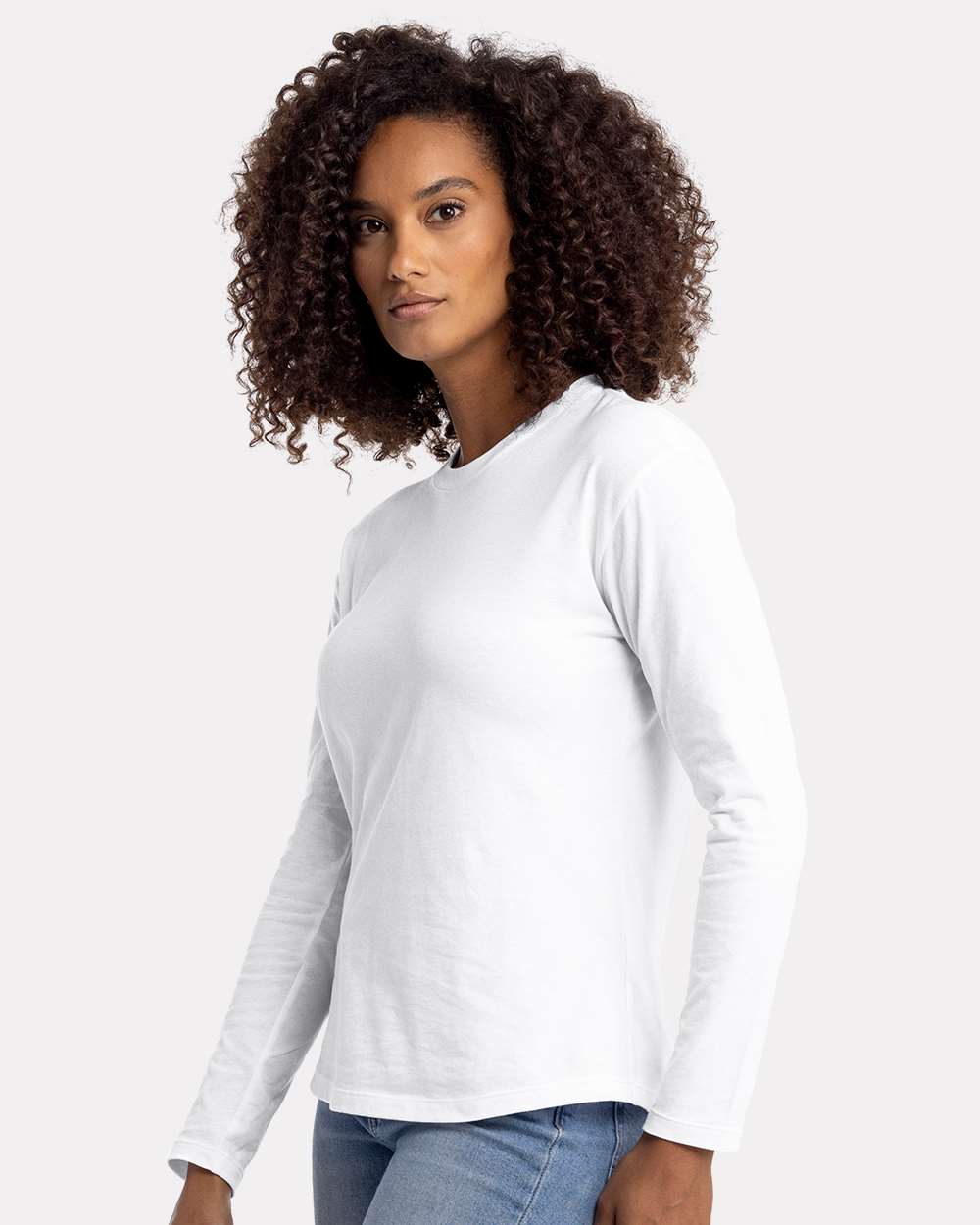 Women's Cotton Relaxed Long Sleeve T-Shirt - OnModelSide - B04418002 - White