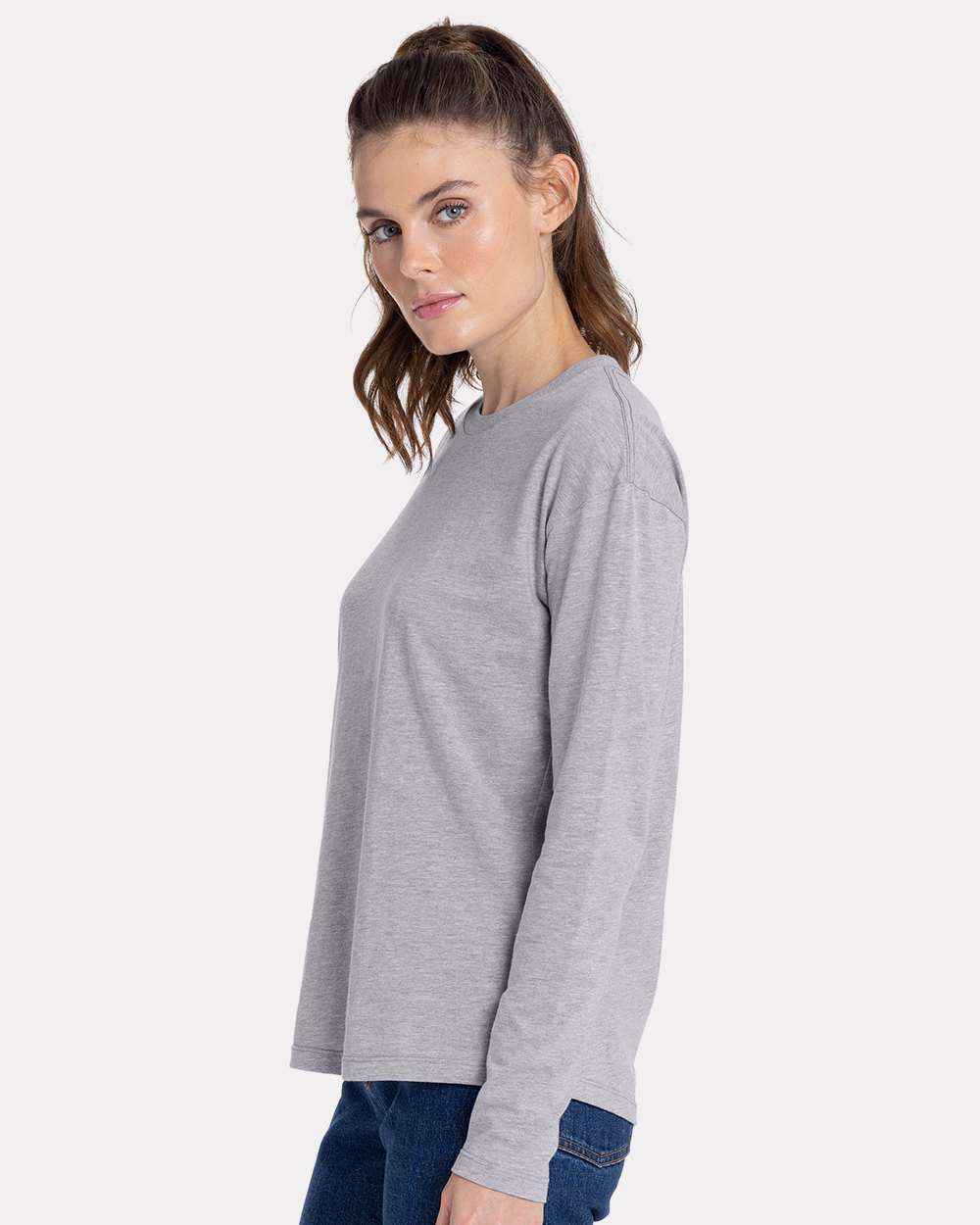 Women's Cotton Relaxed Long Sleeve T-Shirt - OnModelSide - B04418582 - Heather Grey