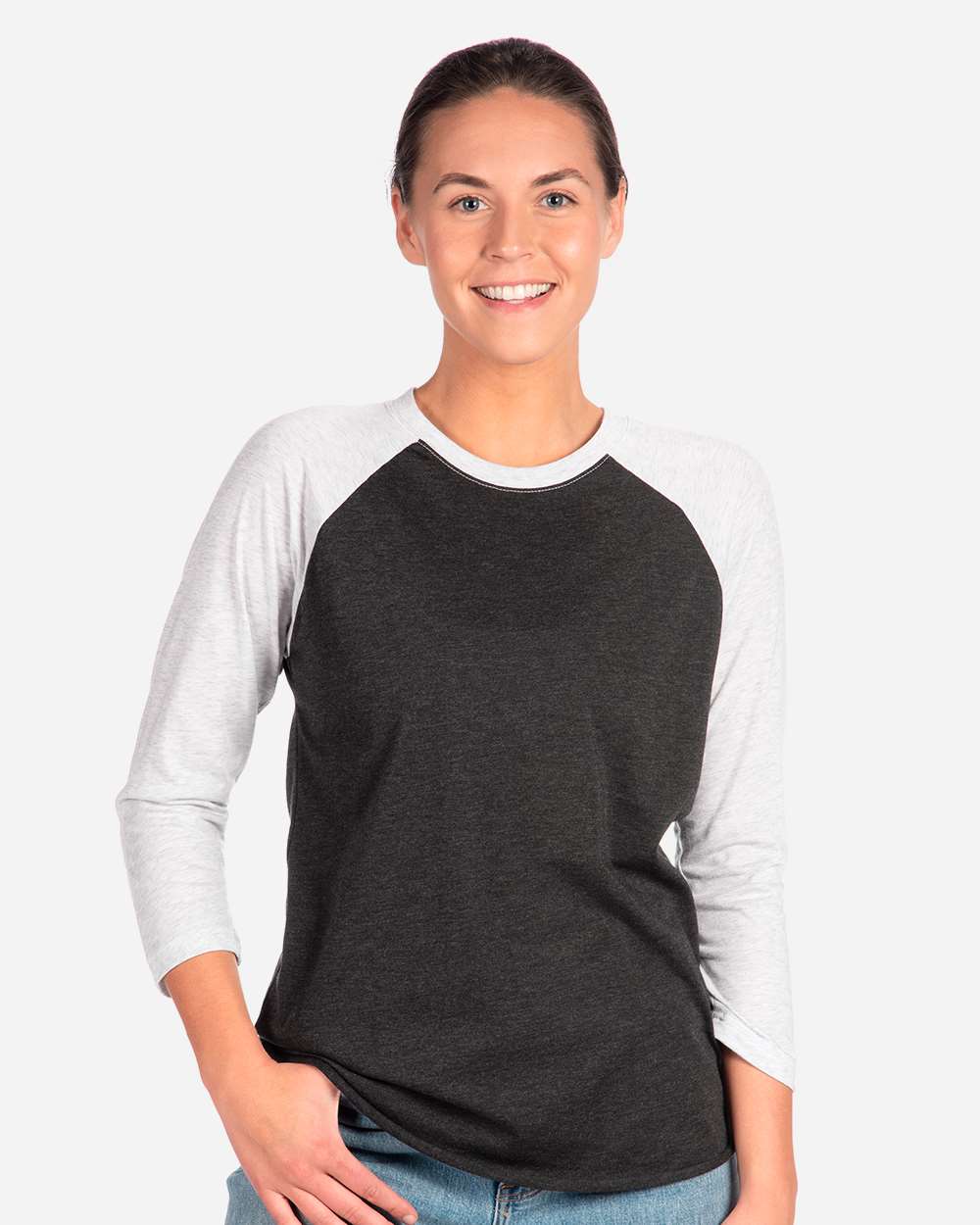 Unisex Triblend Three-Quarter Raglan T-Shirt - OnModelFront - B56818002 - Heather White/ Vintage Black