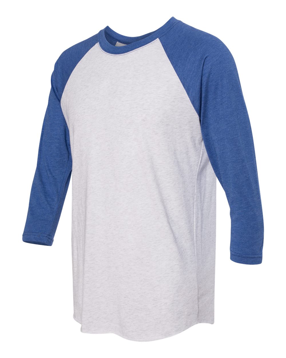 Unisex Triblend Three-Quarter Raglan T-Shirt - Side - B56818752 - Vintage Royal Sleeves/ Heather White Body