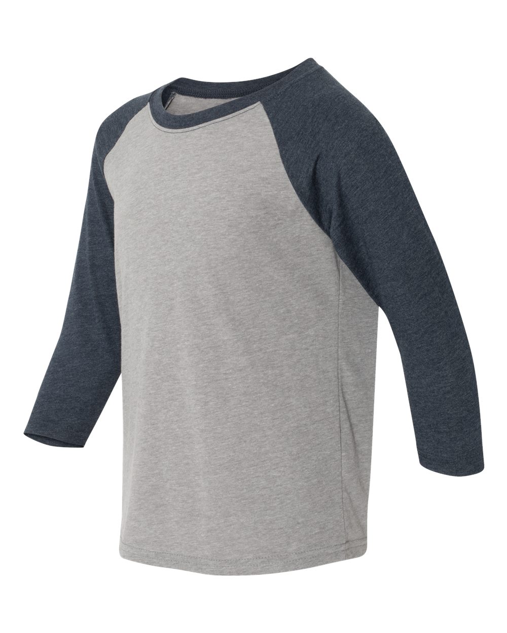 Youth CVC Three-Quarter Sleeve Raglan T-Shirt - Side - B20018656 - Midnight Navy Sleeves/ Dark Heather Grey Body