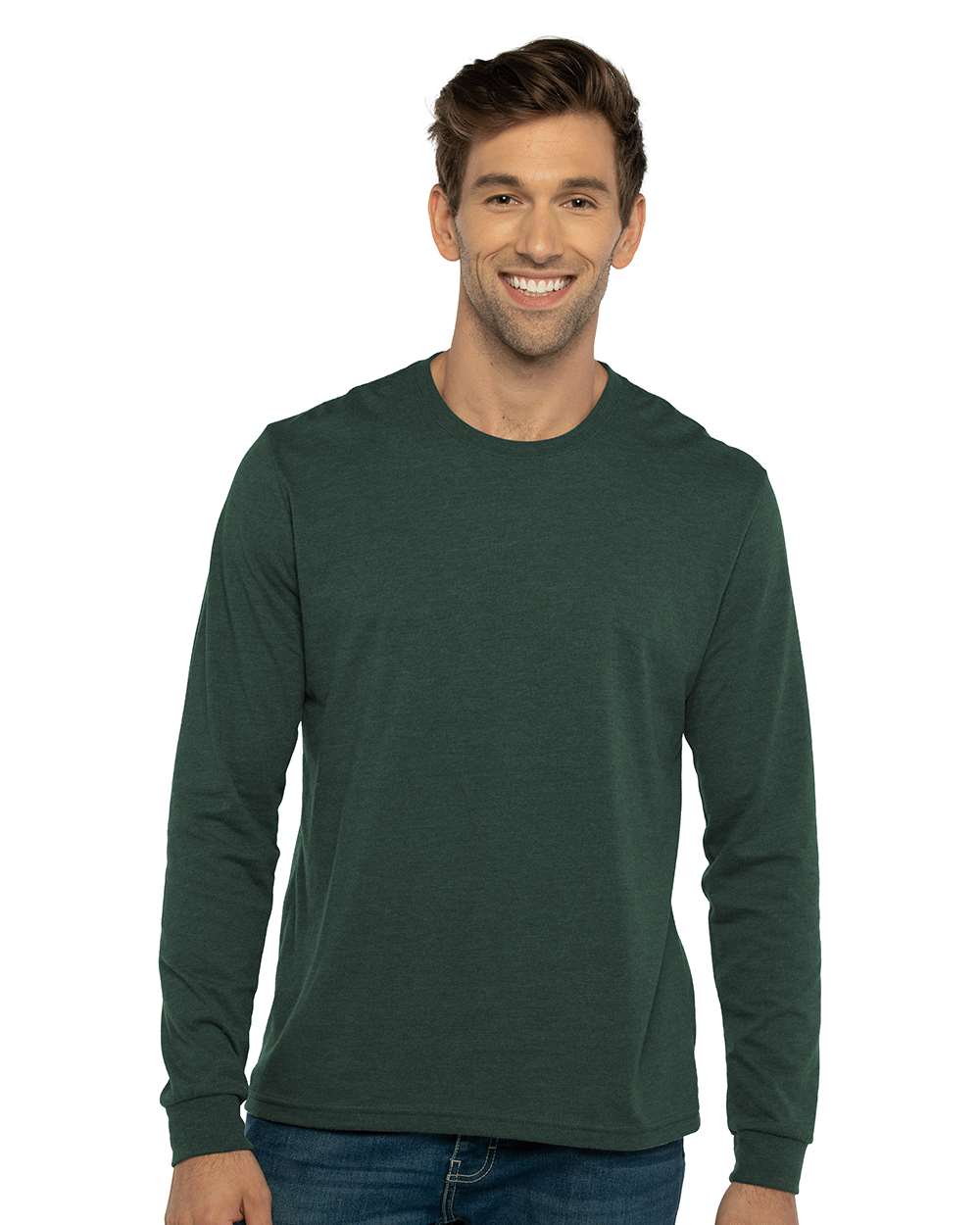 Unisex Sueded Long Sleeve T-Shirt - OnModelFront - B20818542 - Heather Forest Green