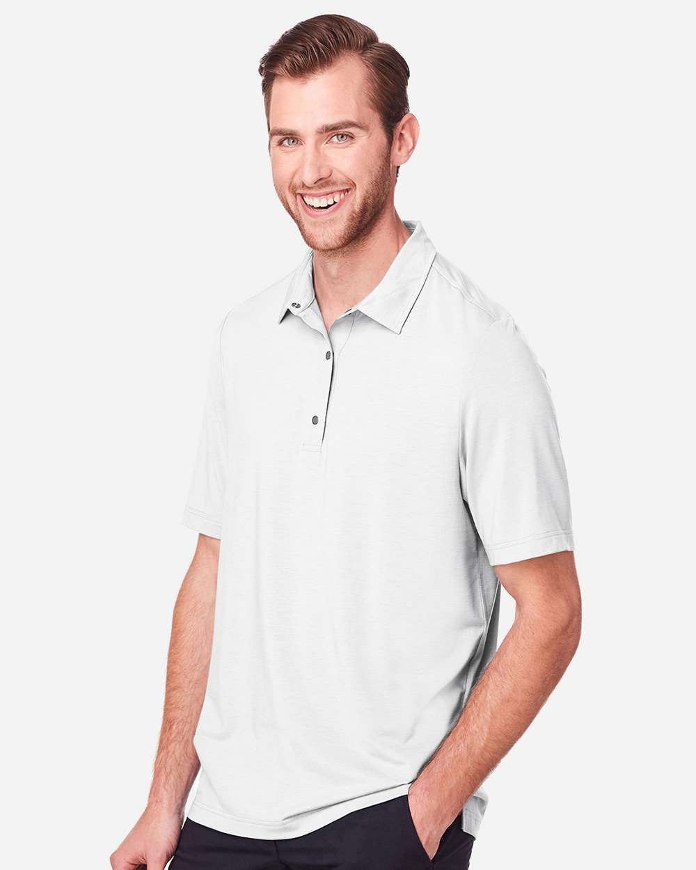 Men's JAQ Snap-Up Stretch Performance Polo - OnModelSide - B157D3003 - White