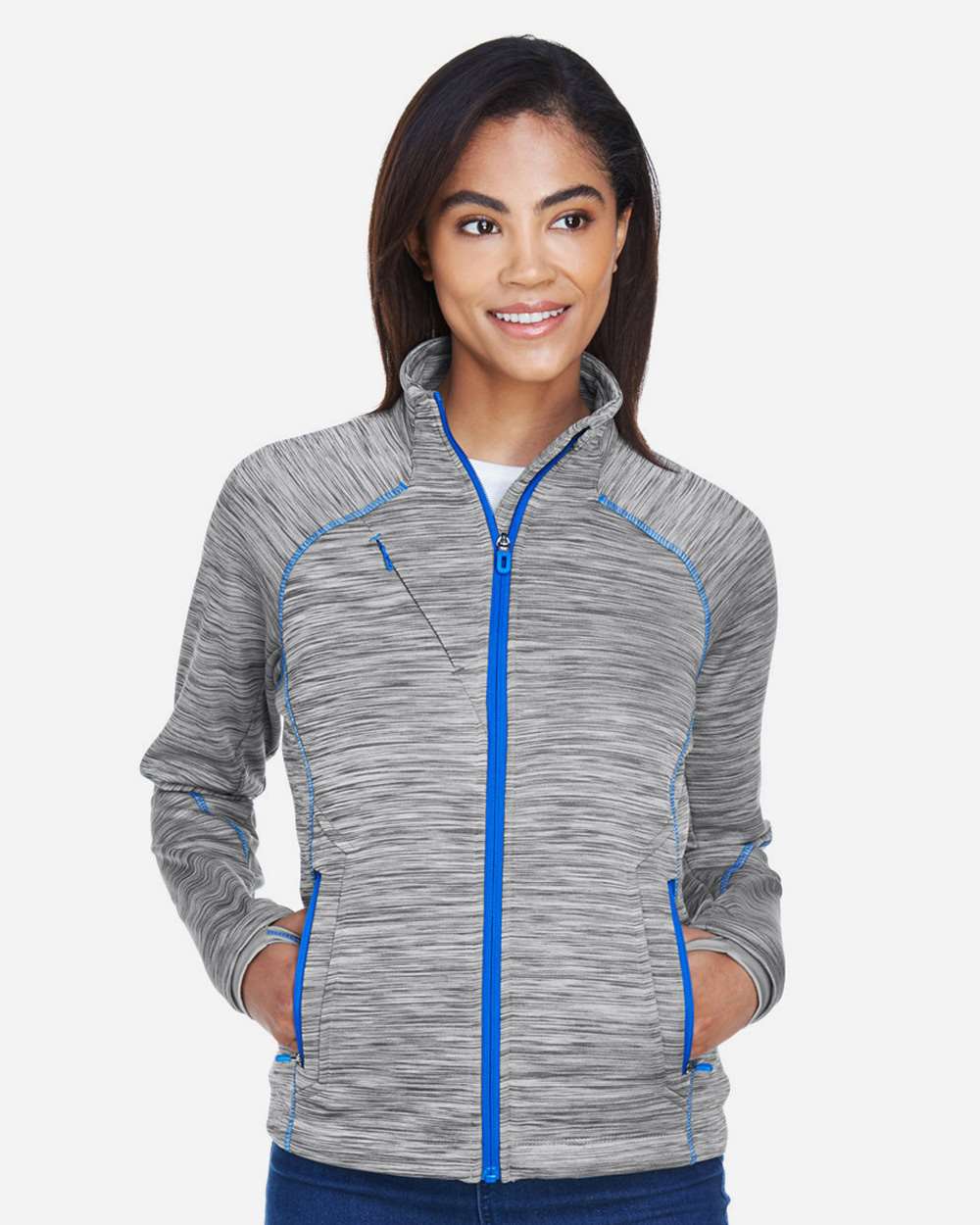 Women's Flux Mélange Bonded Fleece Jacket - OnModelFront - B245D3022 - Platinum/ Olympic Blue