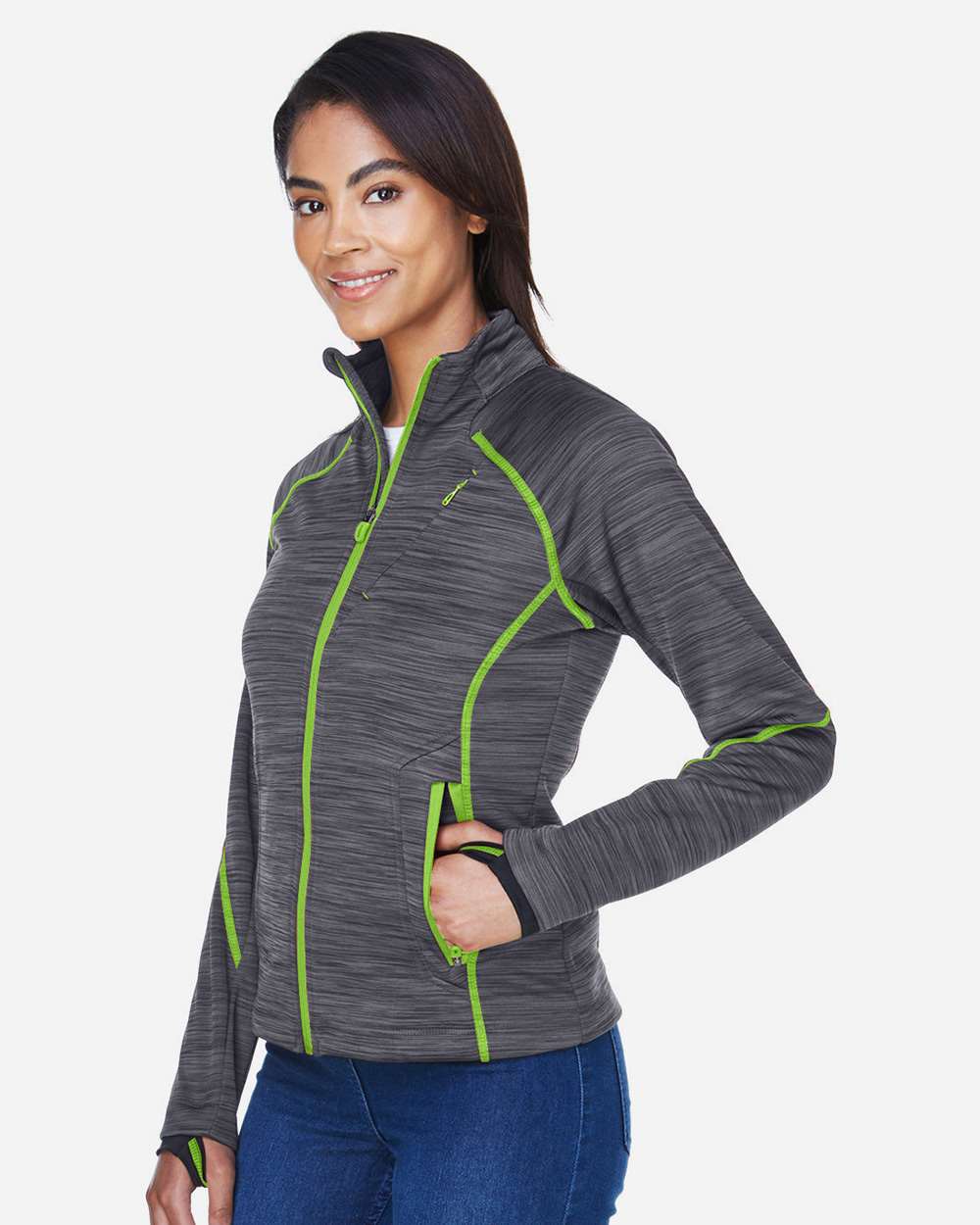Women's Flux Mélange Bonded Fleece Jacket - OnModelSide - B245D3592 - Carbon/ Acid Green