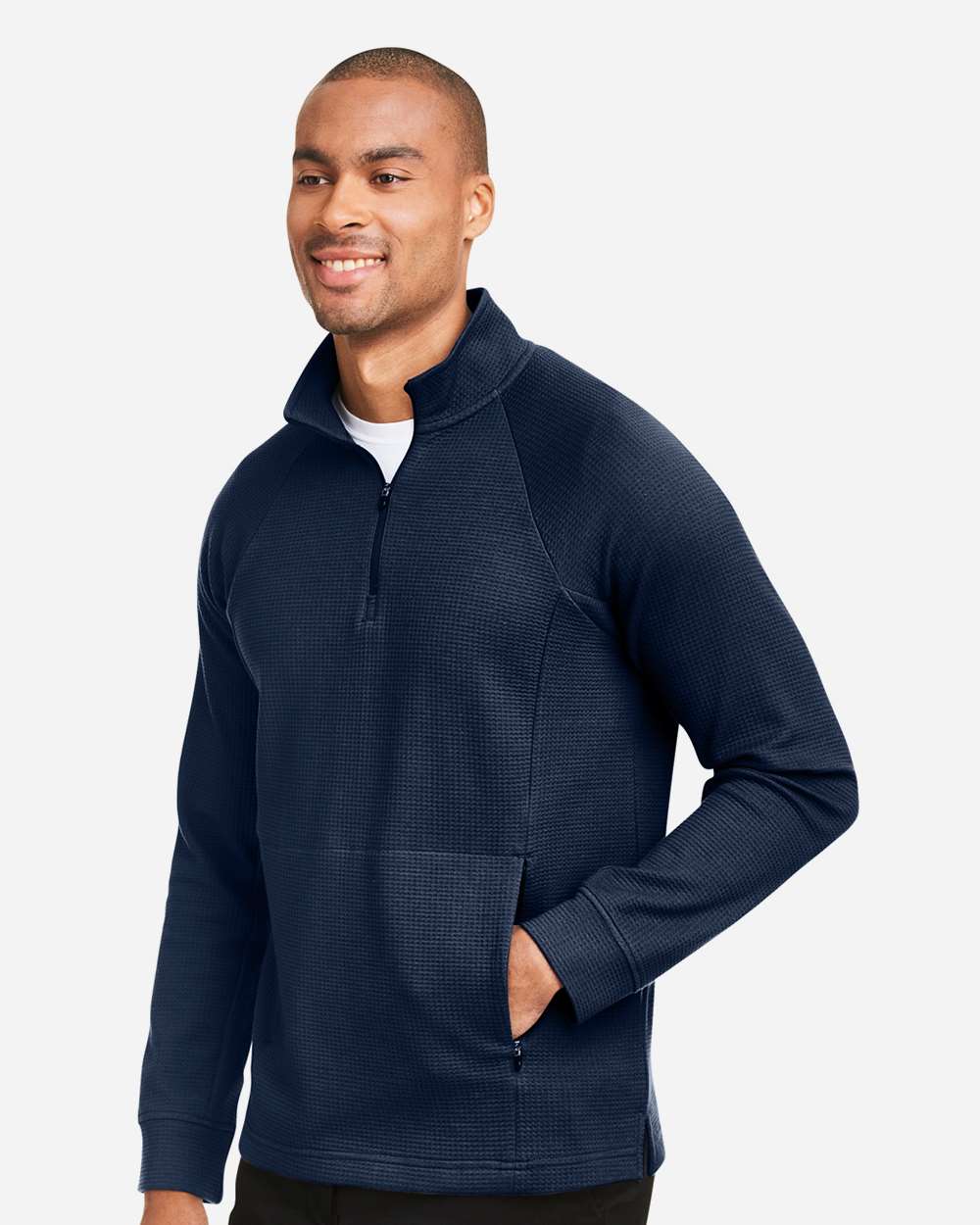 Men's Rhythm Waffle Quarter-Zip Pullover - OnModelSide - B168D3653 - Classic Navy