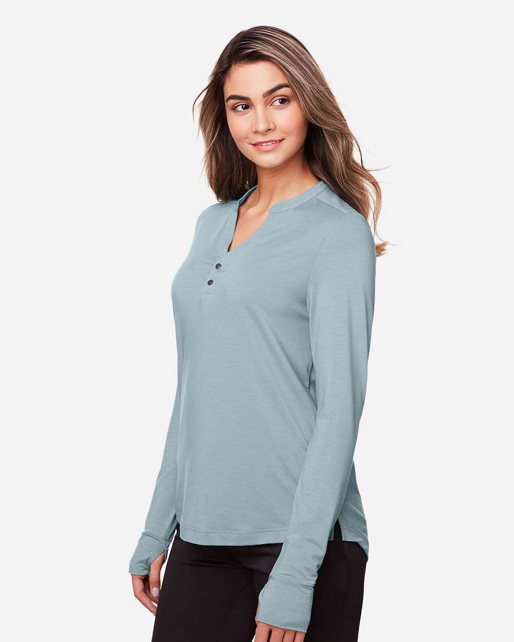 Women's JAQ Stretch Performance V-Neck Snap Pullover - OnModelSide - B171D3252 - Opal Blue