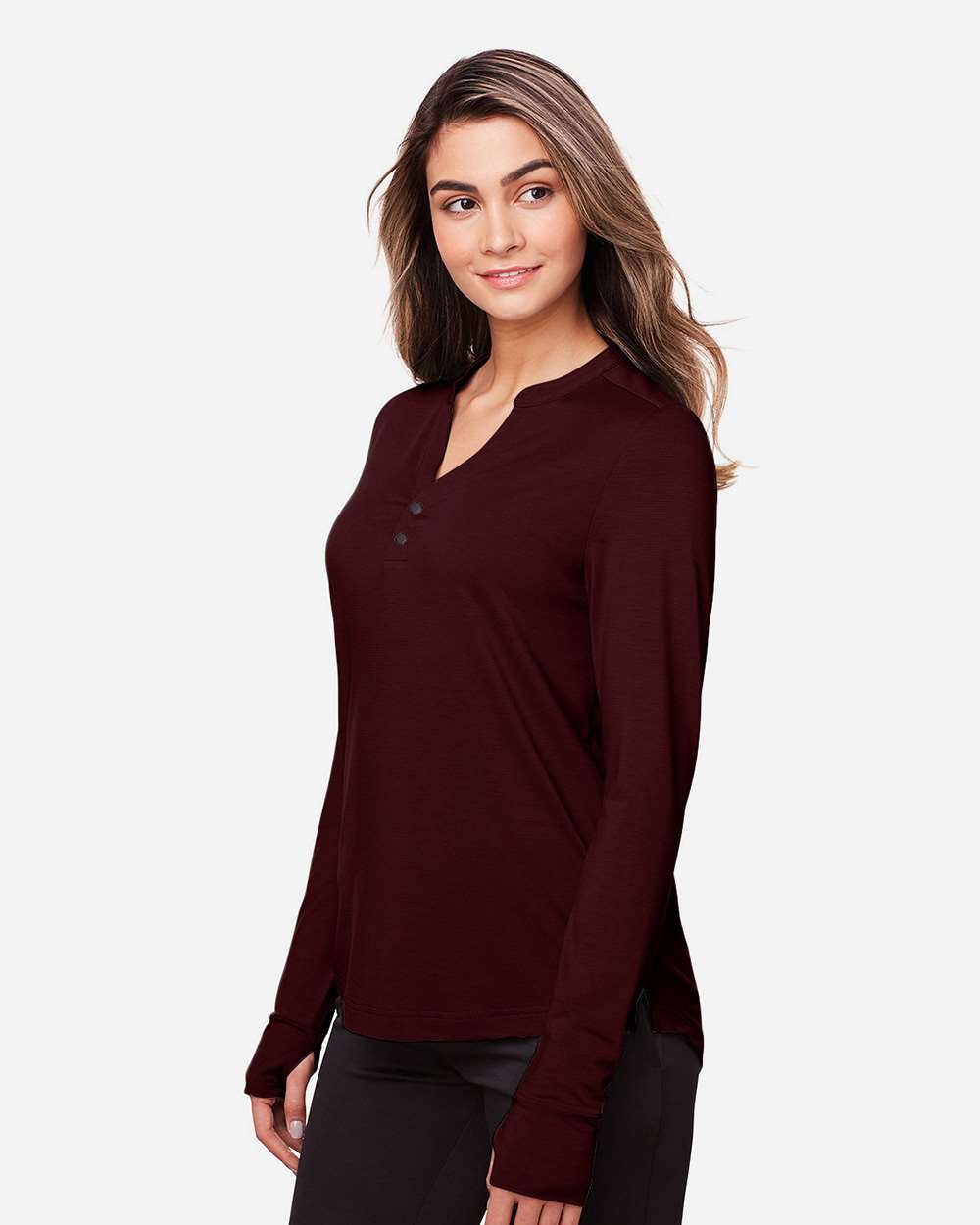 Women's JAQ Stretch Performance V-Neck Snap Pullover - OnModelSide - B171D3532 - Burgundy