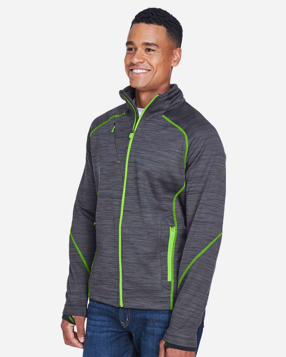 Men's Flux Mélange Bonded Fleece Jacket - OnModelSide - B269D3593 - Carbon/ Acid Green