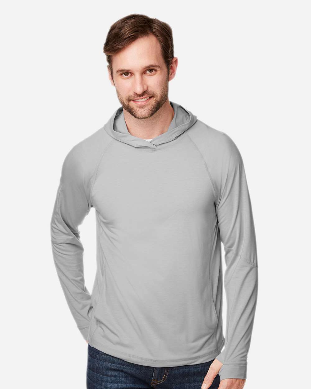 Unisex JAQ Stretch Performance Hooded Long Sleeve T-Shirt - OnModelFront - B161D3021 - Platinum