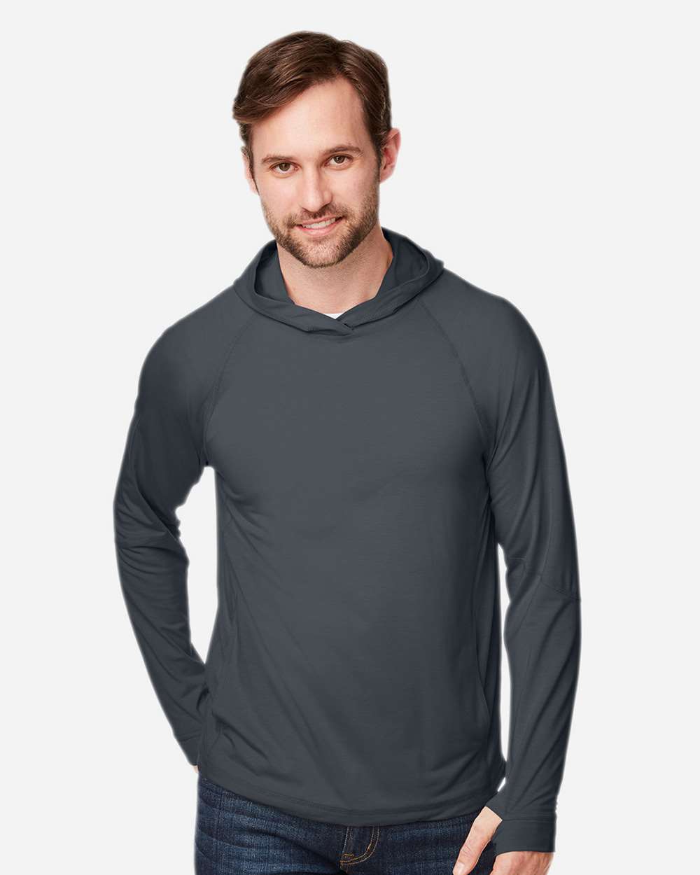 Unisex JAQ Stretch Performance Hooded Long Sleeve T-Shirt - OnModelFront - B161D3591 - Carbon