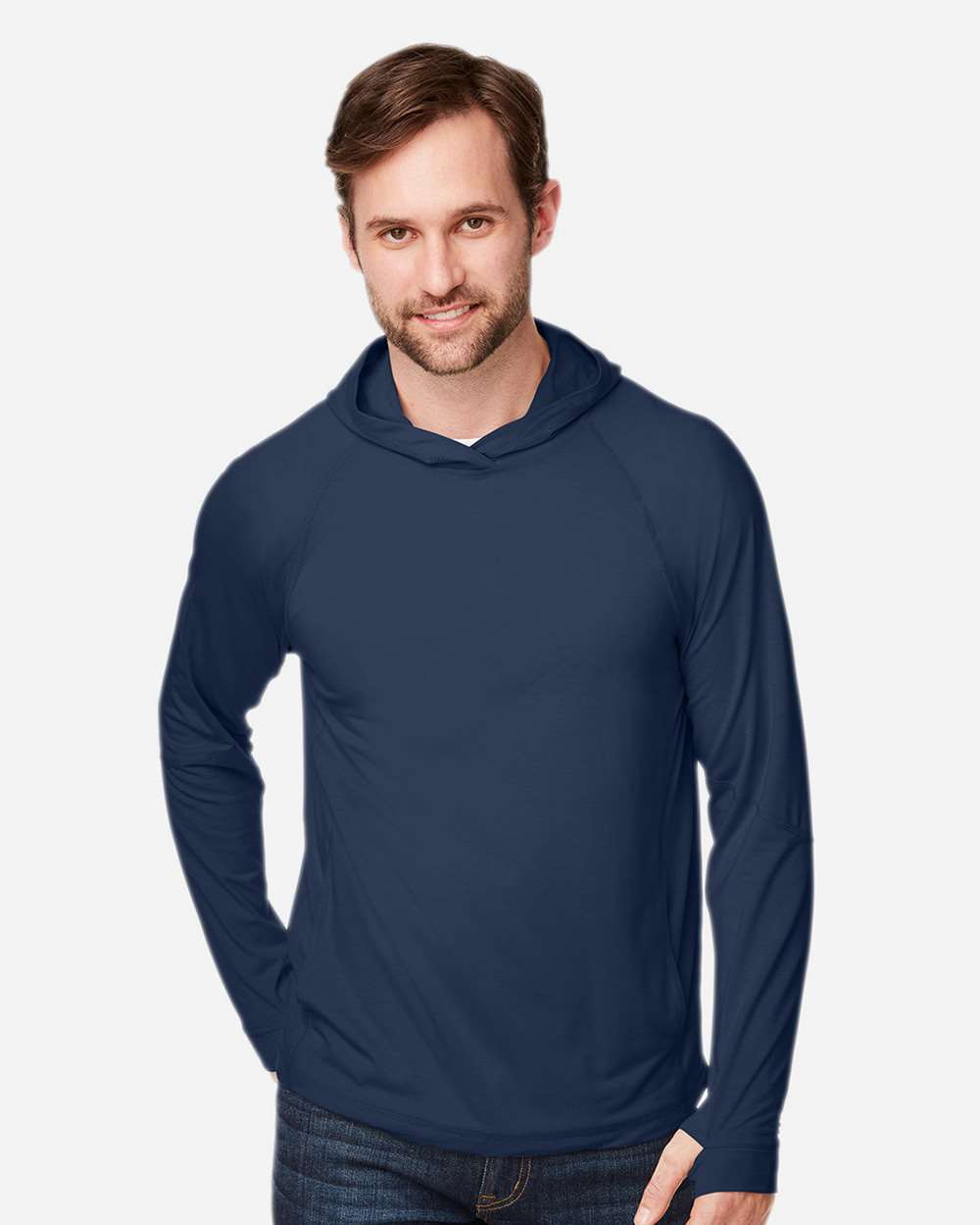 Unisex JAQ Stretch Performance Hooded Long Sleeve T-Shirt - OnModelFront - B161D3651 - Classic Navy