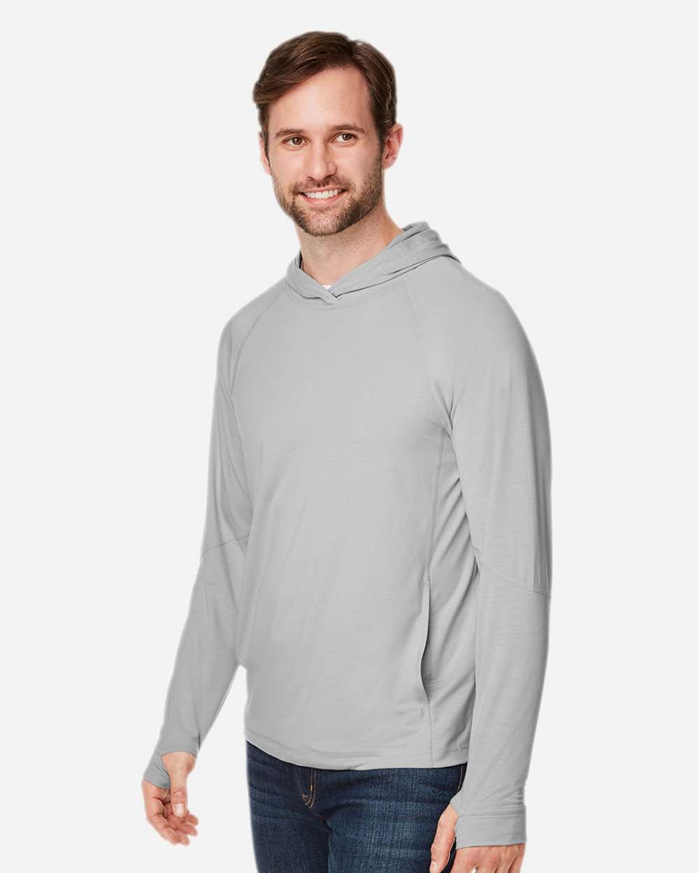Unisex JAQ Stretch Performance Hooded Long Sleeve T-Shirt - OnModelSide - B161D3021 - Platinum