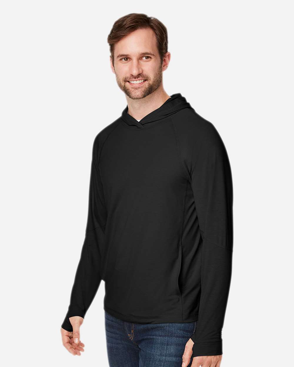 Unisex JAQ Stretch Performance Hooded Long Sleeve T-Shirt - OnModelSide - B161D3501 - Black