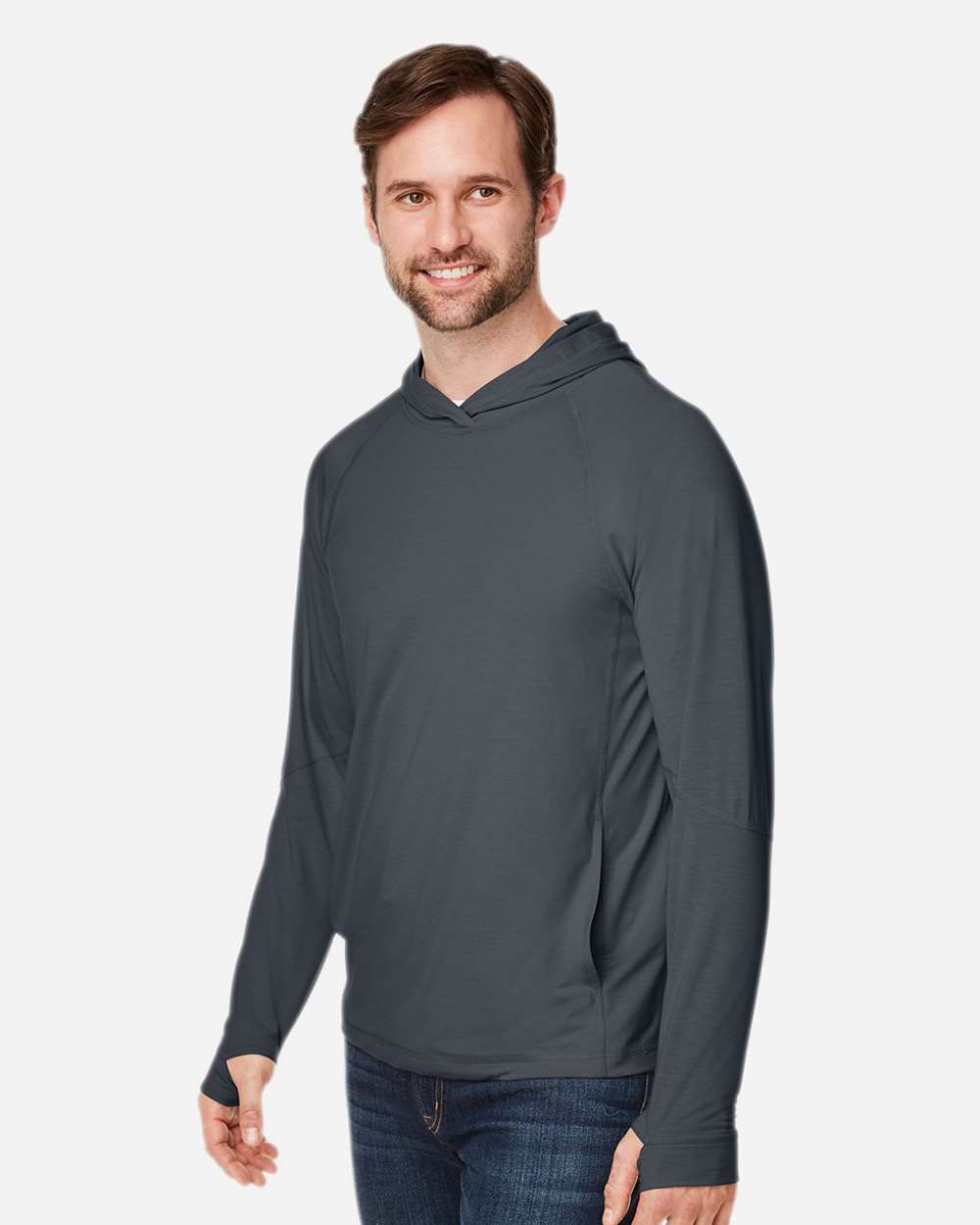 Unisex JAQ Stretch Performance Hooded Long Sleeve T-Shirt - OnModelSide - B161D3591 - Carbon