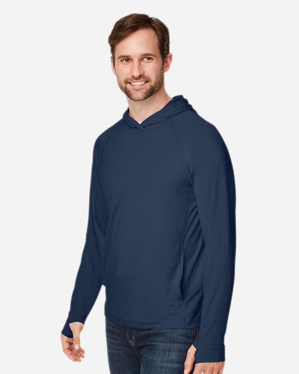 Unisex JAQ Stretch Performance Hooded Long Sleeve T-Shirt - OnModelSide - B161D3651 - Classic Navy