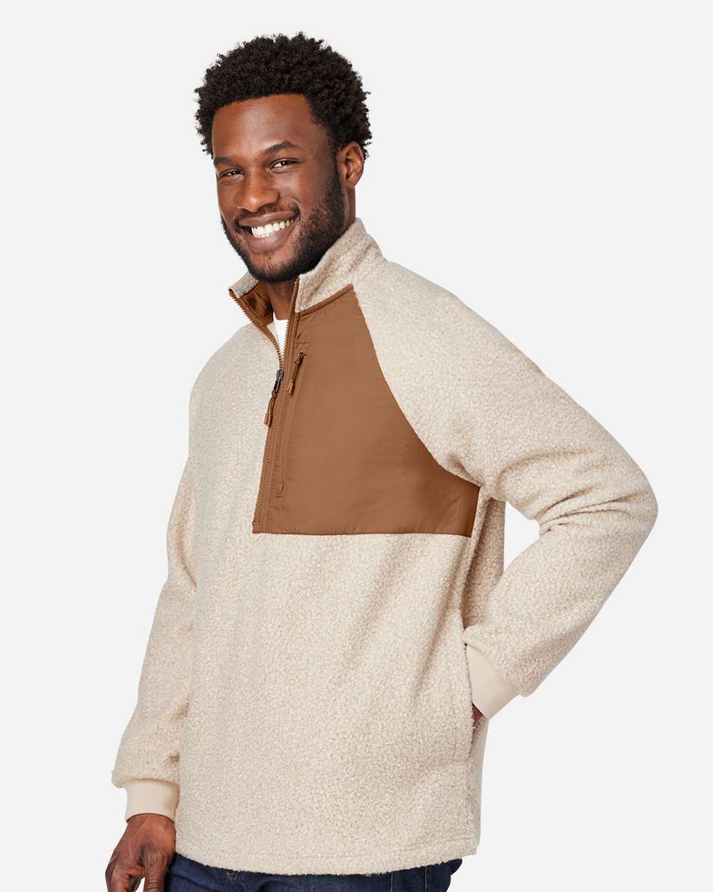 Men's Aura Sweater Fleece Quarter-Zip Pullover - OnModelSide - B199D3243 - Oatmeal Heather/ Teak