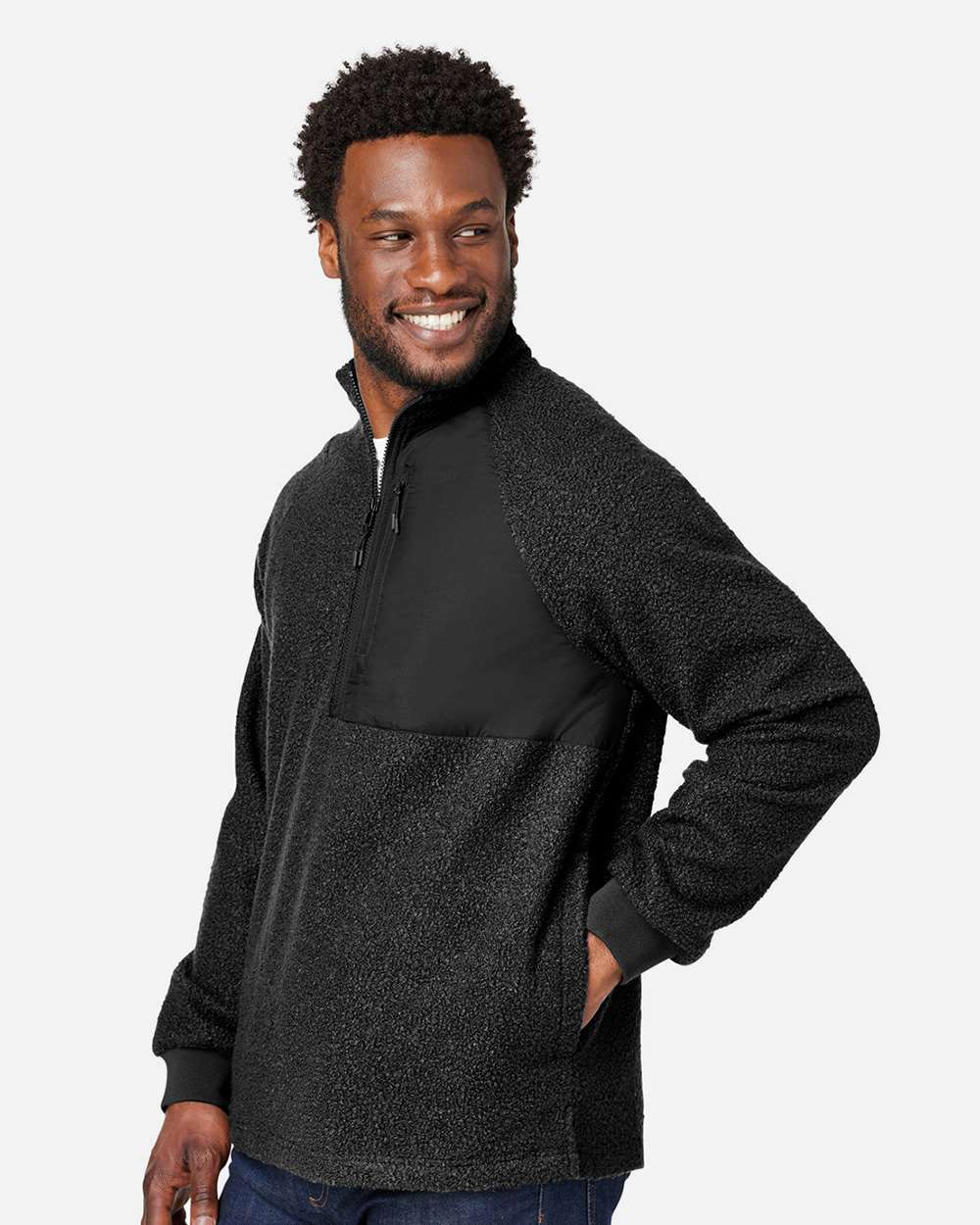 Men's Aura Sweater Fleece Quarter-Zip Pullover - OnModelSide - B199D3503 - Black/ Black