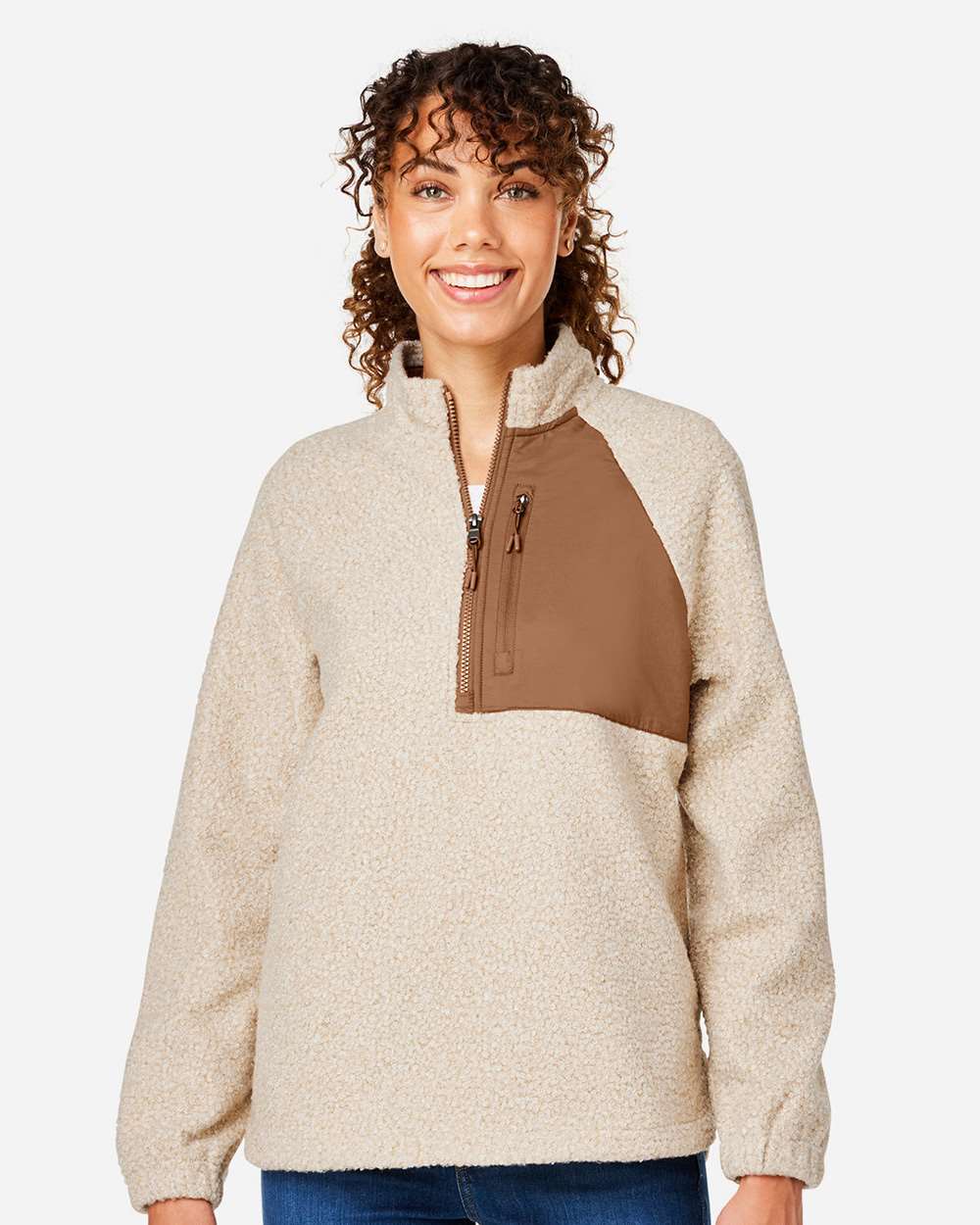 Women's Aura Sweater Fleece Quarter-Zip Pullover - OnModelFront - B200D3242 - Oatmeal Heather/ Teak