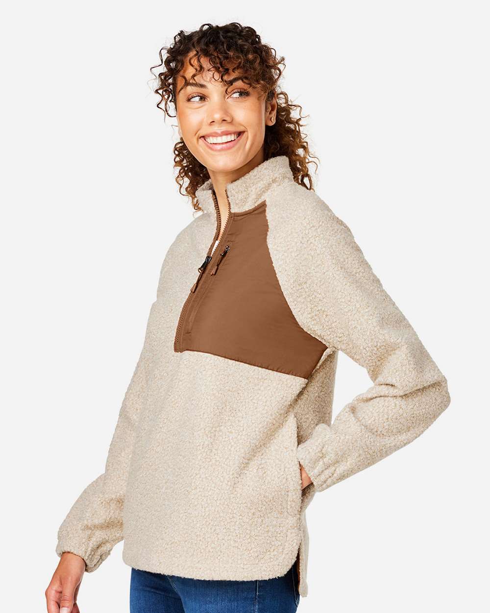 Women's Aura Sweater Fleece Quarter-Zip Pullover - OnModelSide - B200D3242 - Oatmeal Heather/ Teak