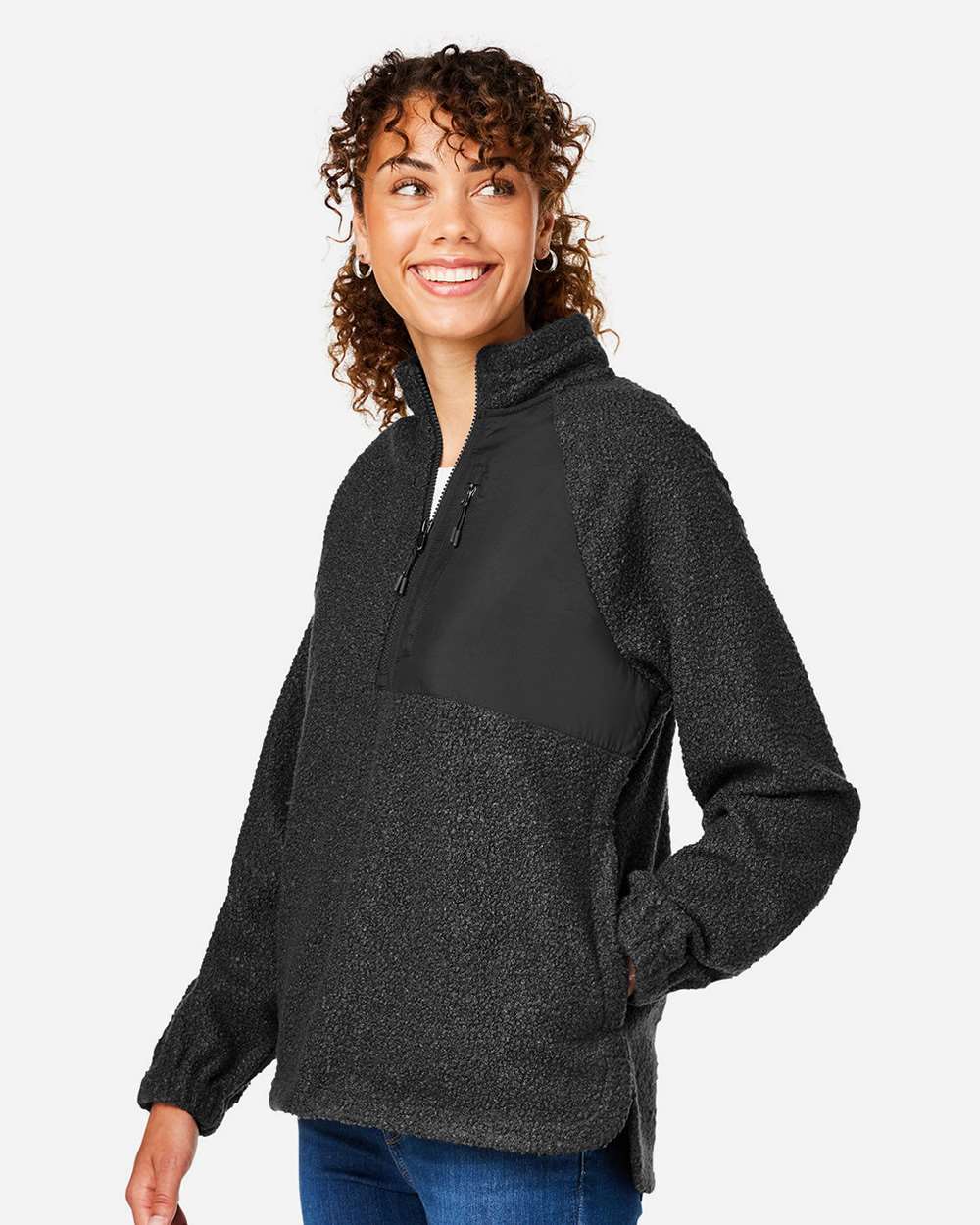 Women's Aura Sweater Fleece Quarter-Zip Pullover - OnModelSide - B200D3502 - Black/ Black