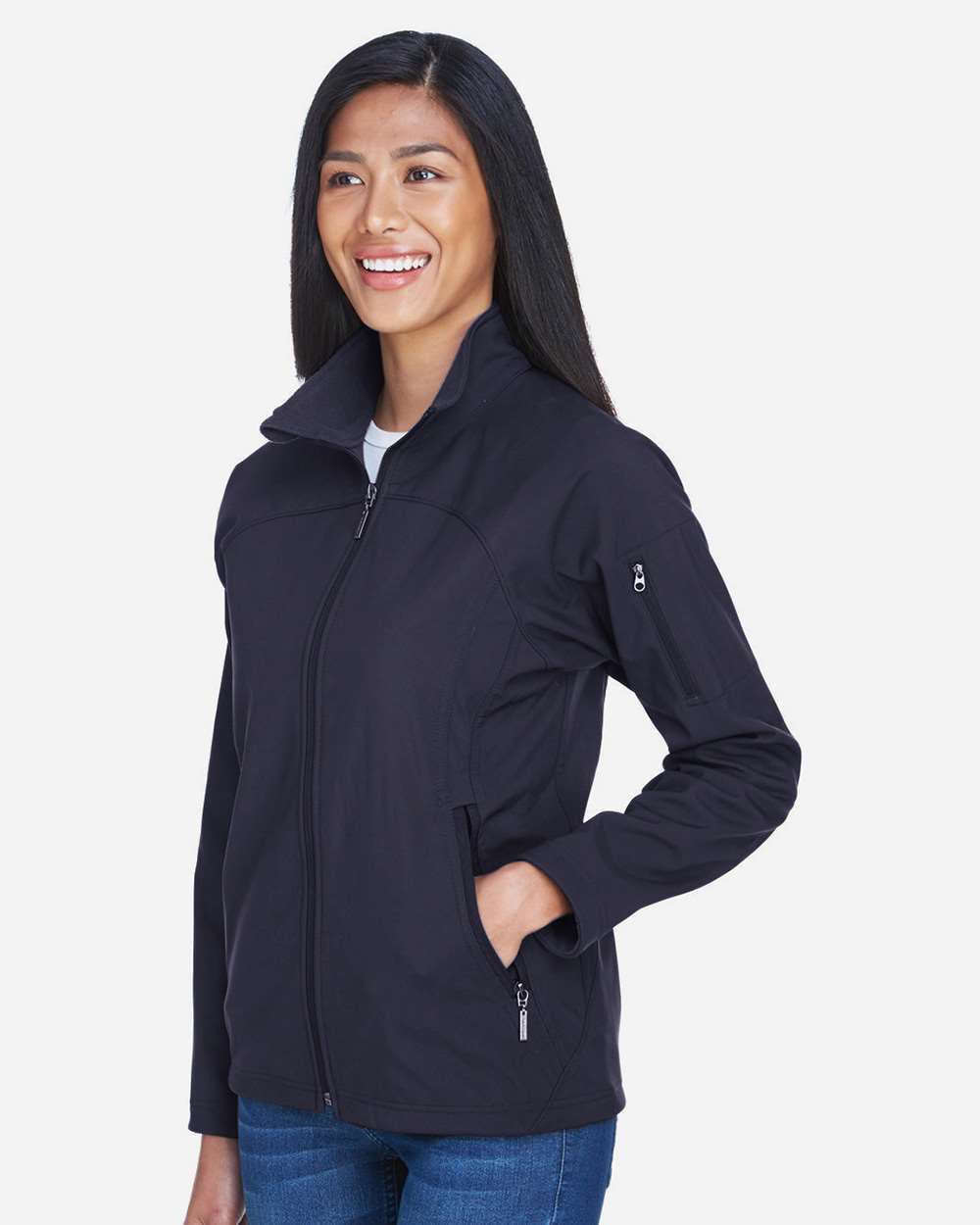 Women's 3-Layer Fleece Performance Soft Shell Jacket - OnModelSide - B105D3653 - Midnight Navy