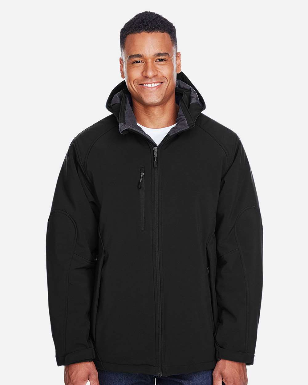 Men's Glacier Insulated Three-Layer Fleece Soft Shell Hood Jacket with Detachable Hood - OnModelFront - B138D3503 - Black