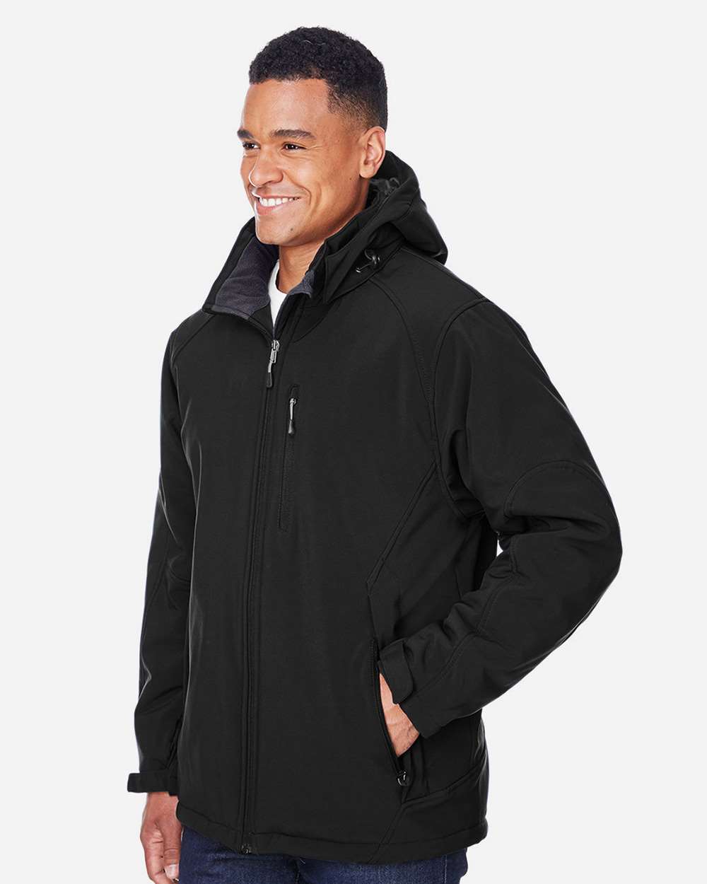 Men's Glacier Insulated Three-Layer Fleece Soft Shell Hood Jacket with Detachable Hood - OnModelSide - B138D3503 - Black