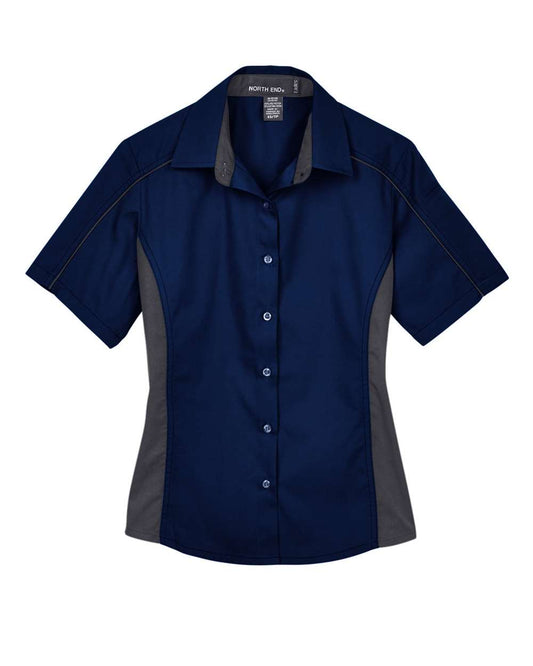 Women's Fuse Colorbloack Twill Short Sleeve Shirt - Front - B102D3652 - Classic Navy/ Carbon