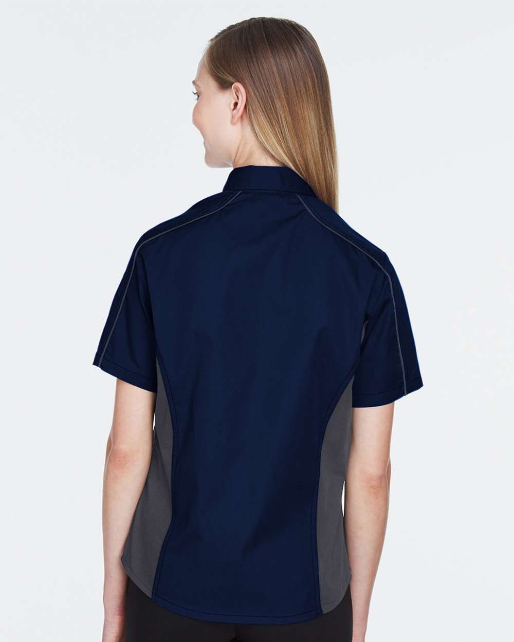Women's Fuse Colorbloack Twill Short Sleeve Shirt - OnModelBack - B102D3652 - Classic Navy/ Carbon