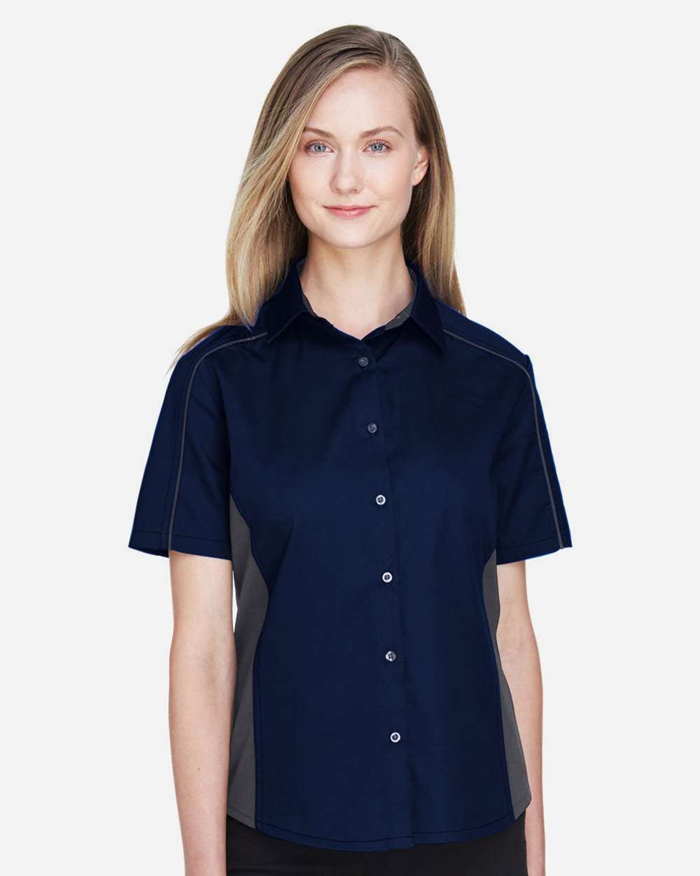Women's Fuse Colorbloack Twill Short Sleeve Shirt - OnModelFront - B102D3652 - Classic Navy/ Carbon