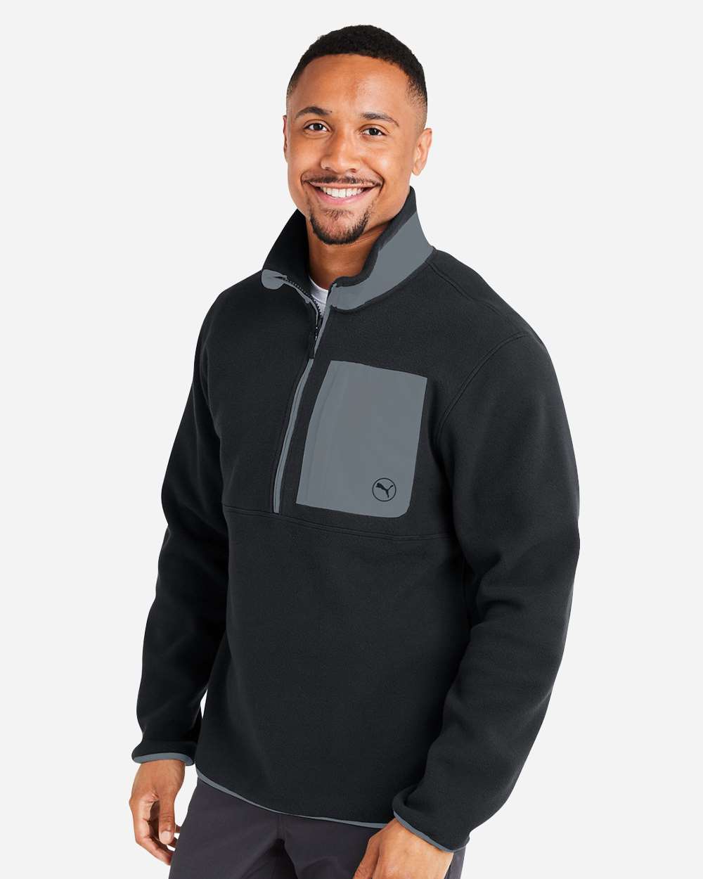 Men's Fleece Quarter-Zip Pullover - OnModelSide - B19546503 - Puma Black/ Slate Sky