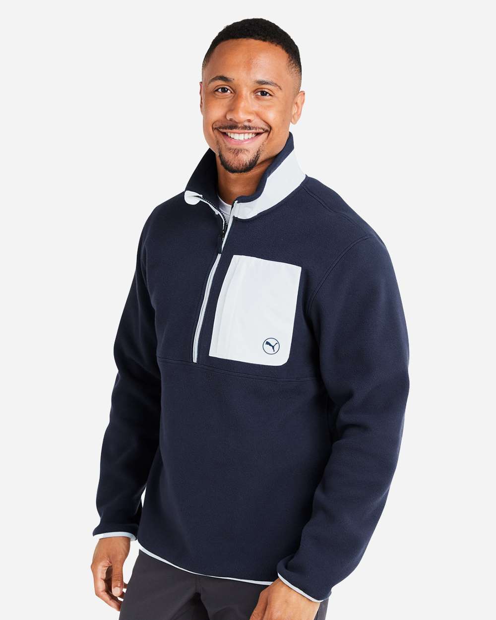 Men's Fleece Quarter-Zip Pullover - OnModelSide - B19546653 - Deep Navy/ White Glow