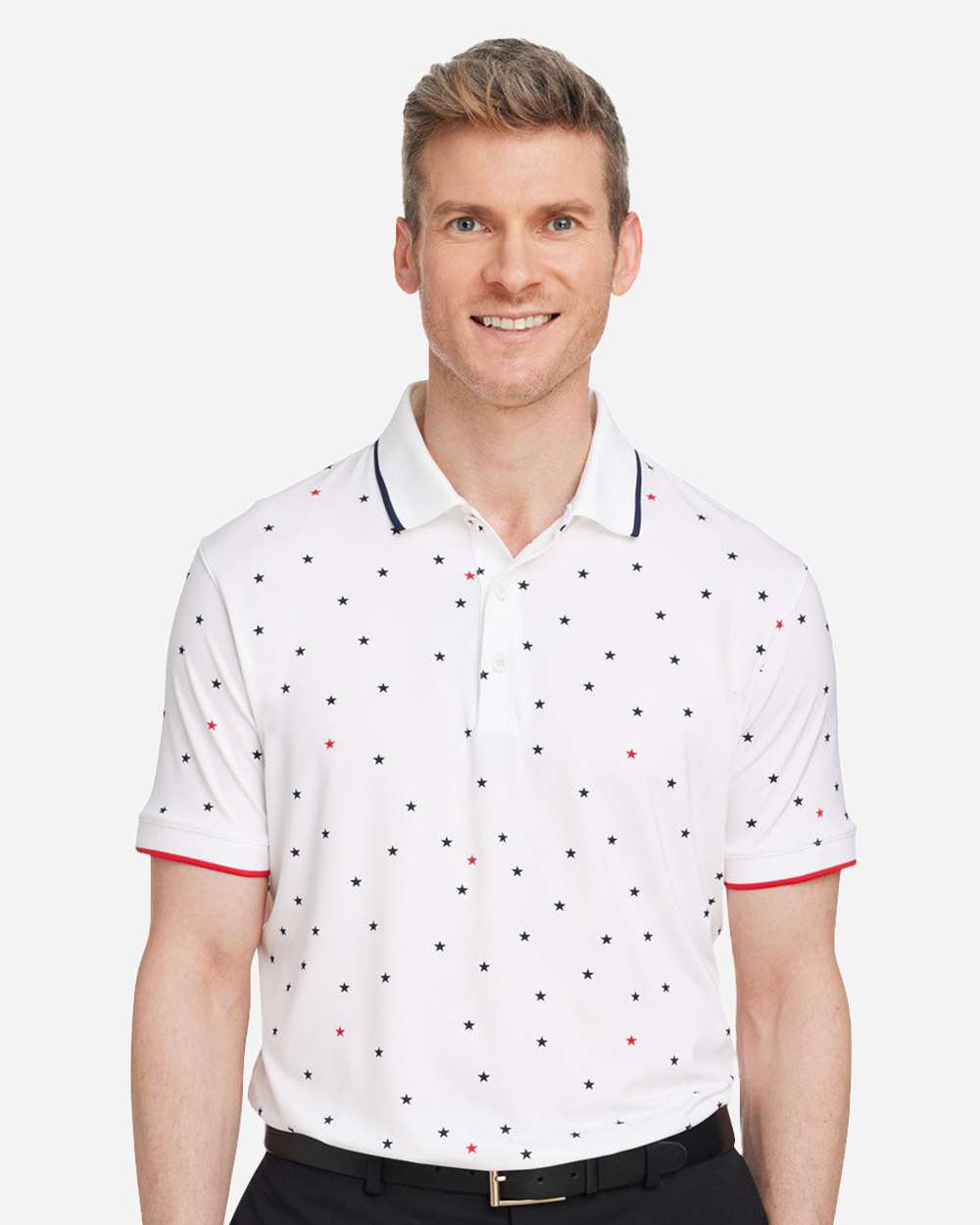 Men's Volition Skylight Patriotic Polo - OnModelFront - B16646003 - Bright White/ Navy Blazer