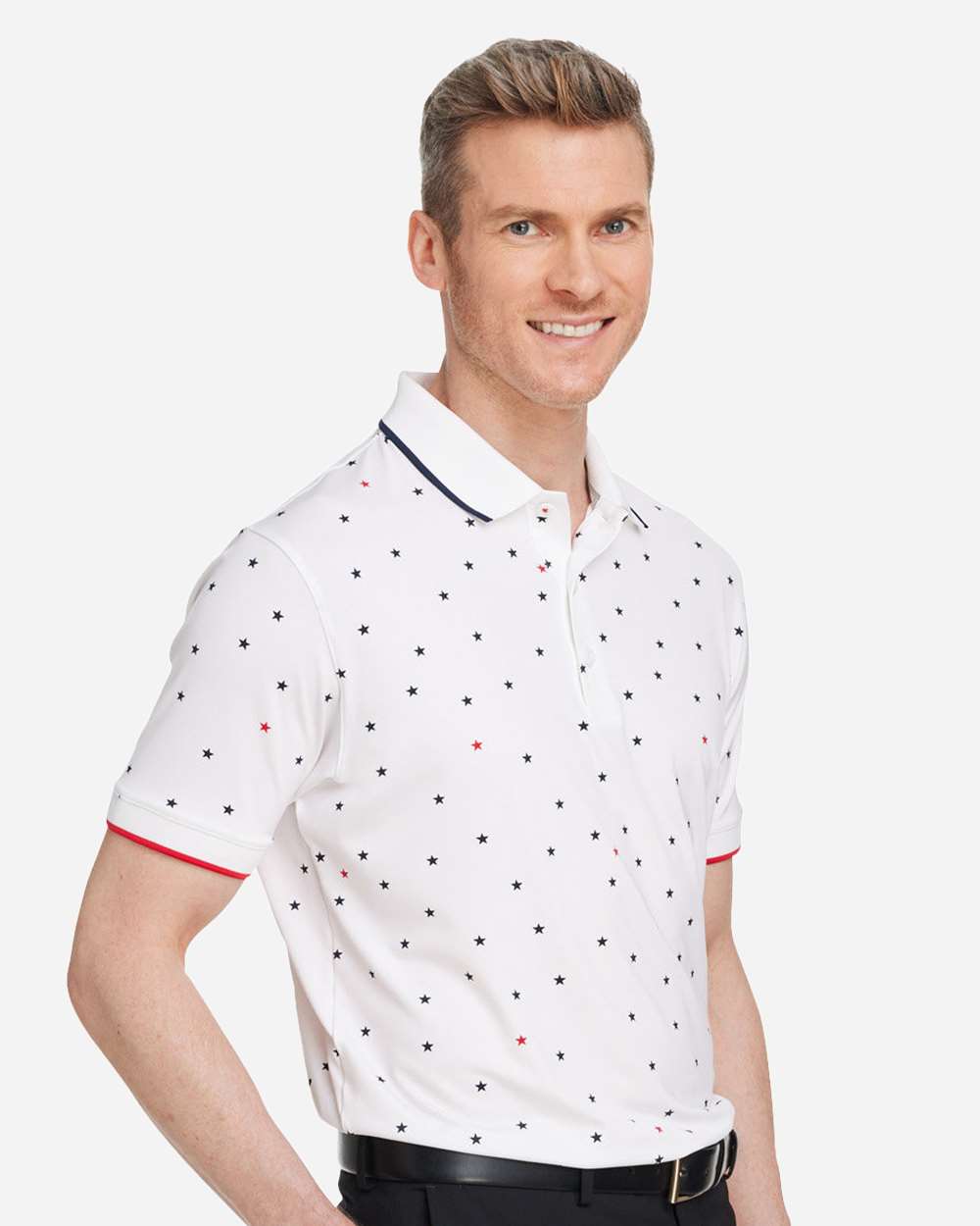 Men's Volition Skylight Patriotic Polo - OnModelSide - B16646003 - Bright White/ Navy Blazer