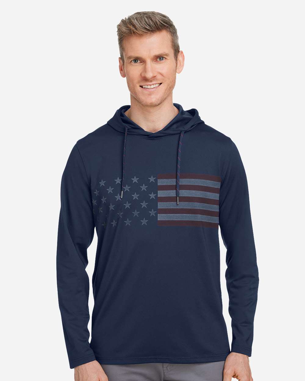 Men's Volition Patriotic Hooded Pullover - OnModelFront - B16546653 - Navy Blazer