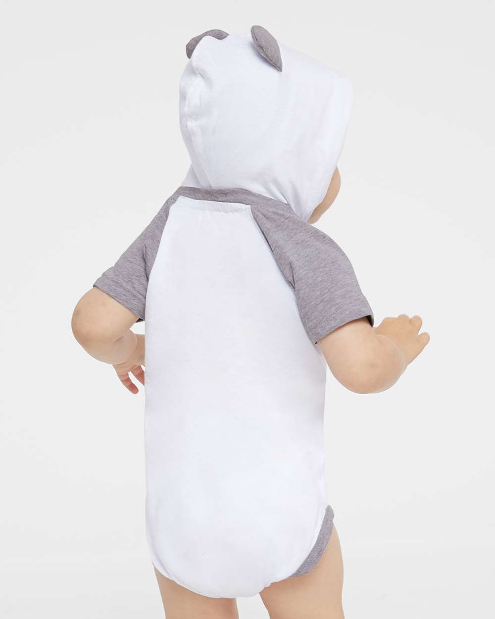 Infant Fine Jersey Raglan Bodysuit with Hood & Ears - OnModelBack - B70338001 - Blended White/ Vintage Heather