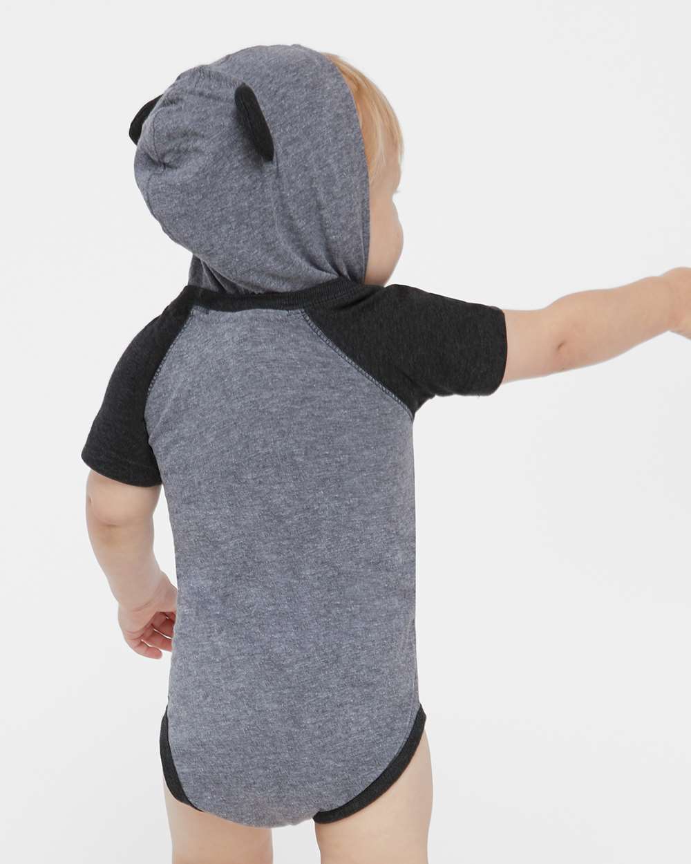 Infant Fine Jersey Raglan Bodysuit with Hood & Ears - OnModelBack - B70338121 - Granite Heather/ Vintage Smoke