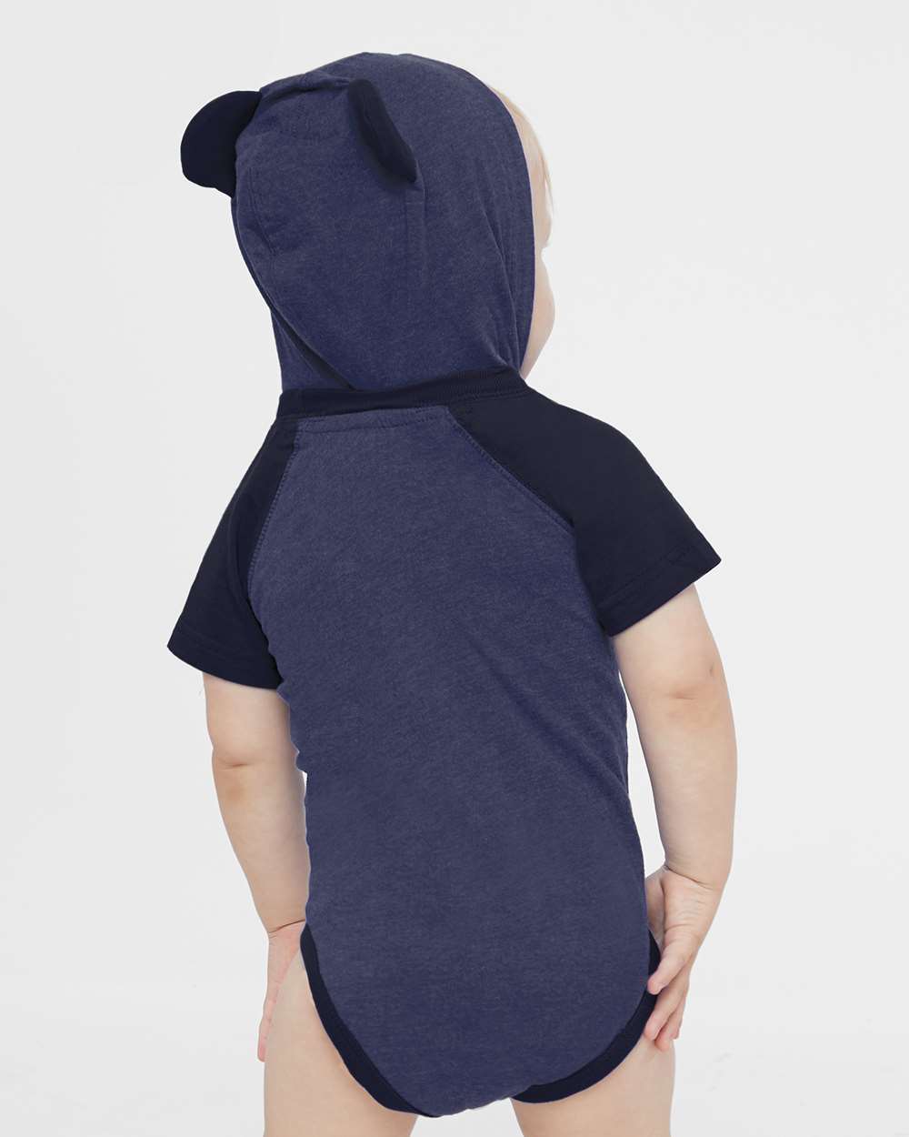 Infant Fine Jersey Raglan Bodysuit with Hood & Ears - OnModelBack - B70338641 - Vintage True Navy/ Navy