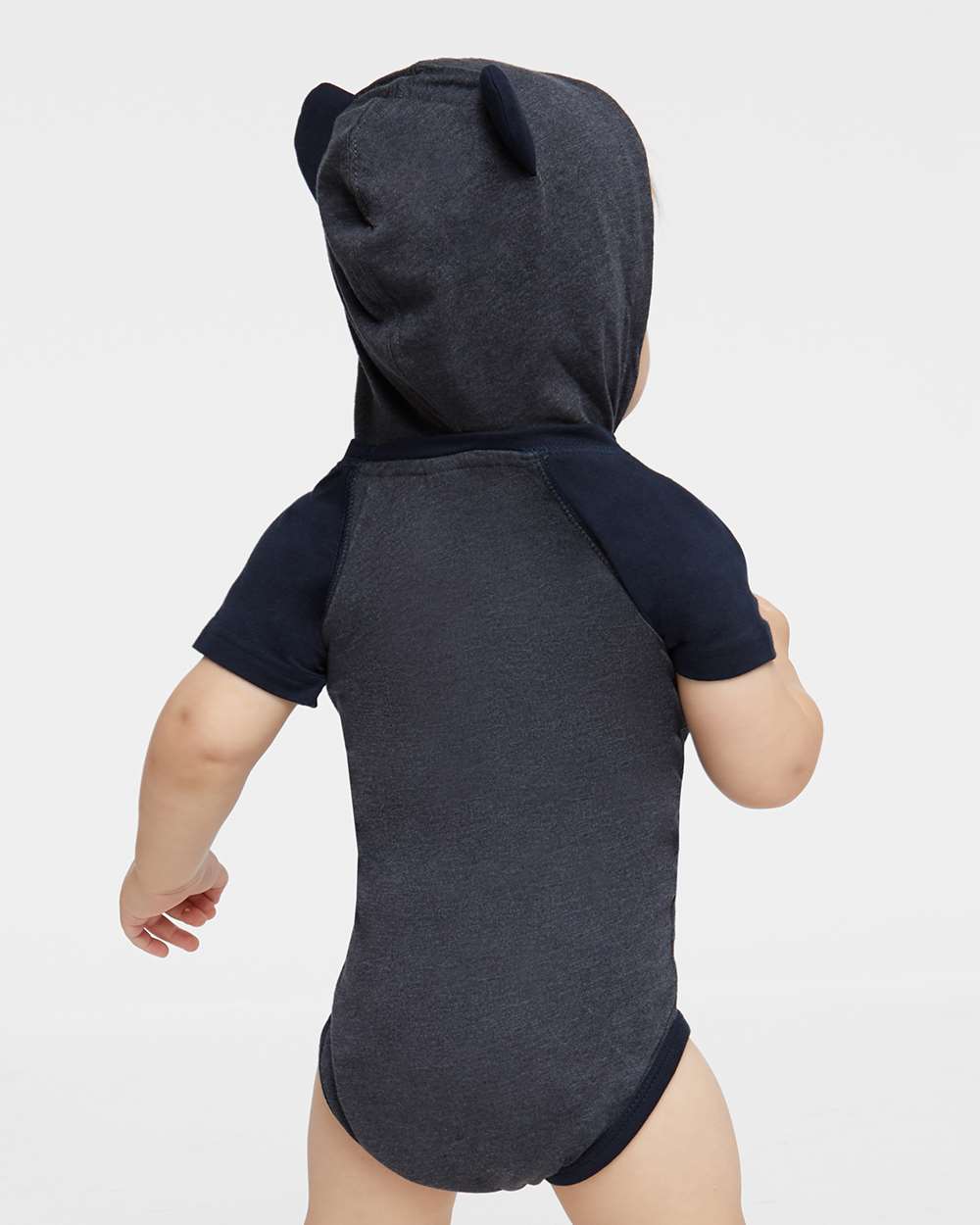 Infant Fine Jersey Raglan Bodysuit with Hood & Ears - OnModelBack - B70338652 - Vintage Navy/ Navy