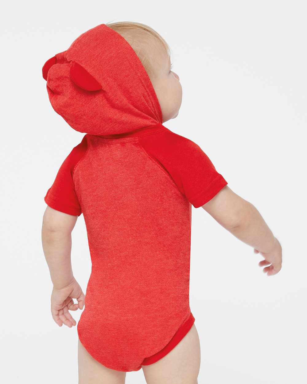 Infant Fine Jersey Raglan Bodysuit with Hood & Ears - OnModelBack - B70338701 - Vintage Red/ Red