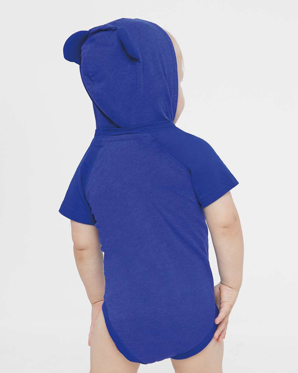 Infant Fine Jersey Raglan Bodysuit with Hood & Ears - OnModelBack - B70338751 - Vintage Royal/ Royal