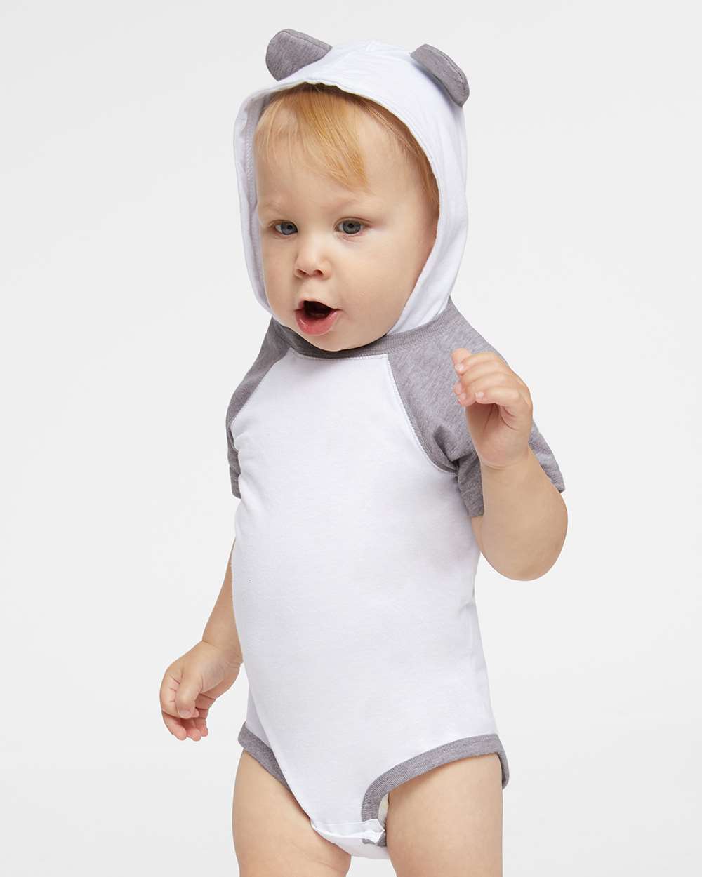 Infant Fine Jersey Raglan Bodysuit with Hood & Ears - OnModelFront - B70338001 - Blended White/ Vintage Heather