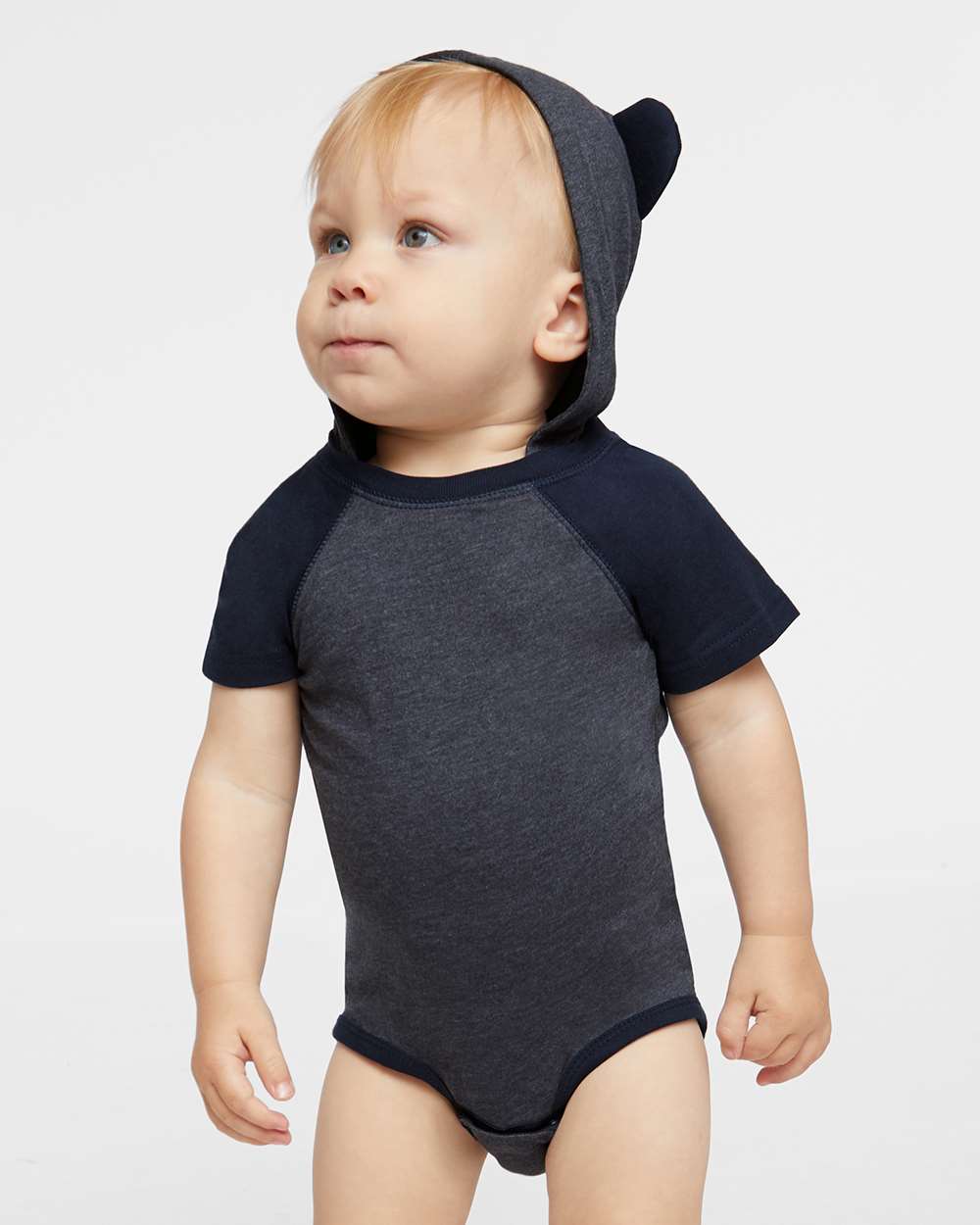 Infant Fine Jersey Raglan Bodysuit with Hood & Ears - OnModelFront - B70338652 - Vintage Navy/ Navy