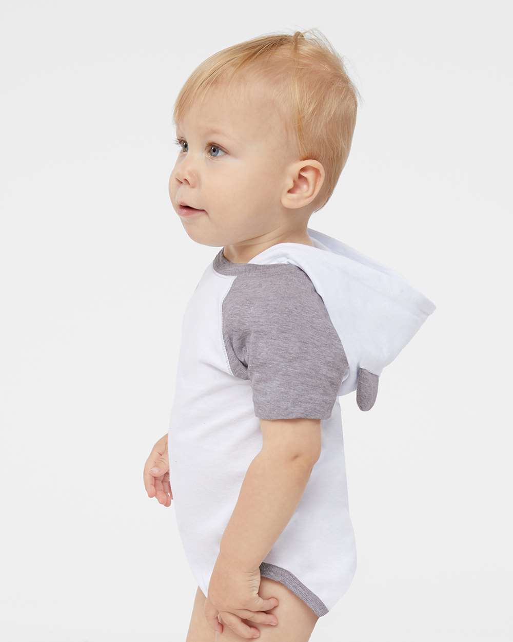 Infant Fine Jersey Raglan Bodysuit with Hood & Ears - OnModelSide - B70338001 - Blended White/ Vintage Heather