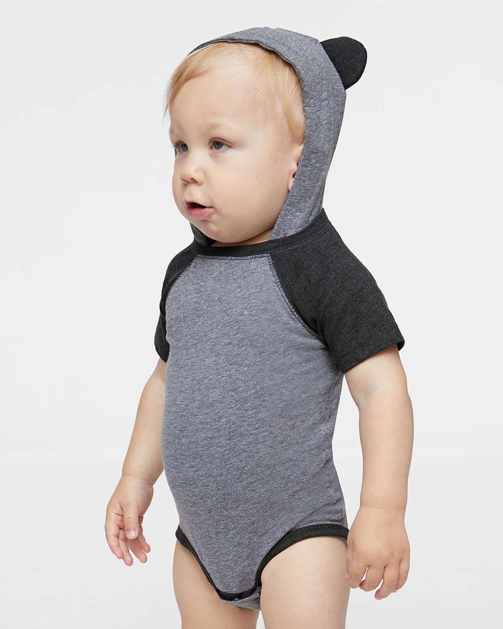Infant Fine Jersey Raglan Bodysuit with Hood & Ears - OnModelSide - B70338121 - Granite Heather/ Vintage Smoke