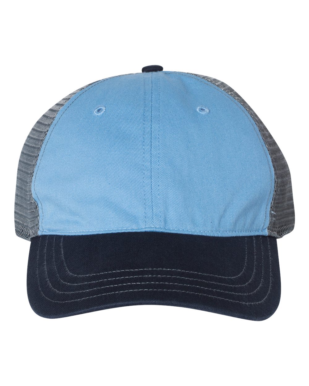 Garment-Washed Trucker Cap - Front - B17995260 - Columbia Blue/ Charcoal/ Navy